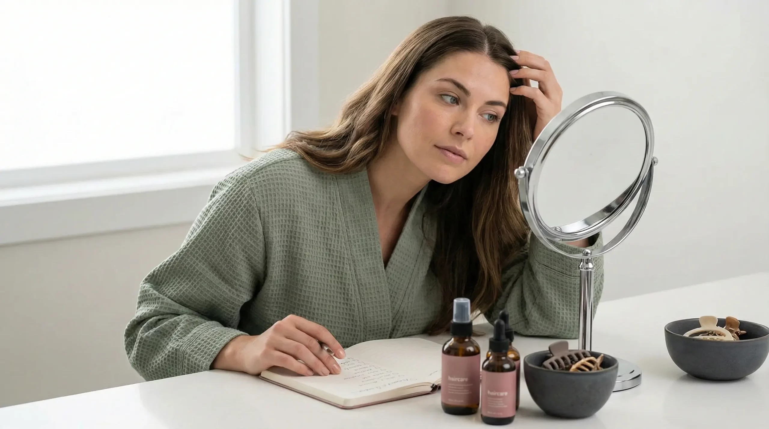 A gorgeous woman in a sage green robe thoughtfully examining her hair and scalp in a mirror, next to a notebook checklist and haircare products, to identify her dry, oily, sensitive, or combo scalp type