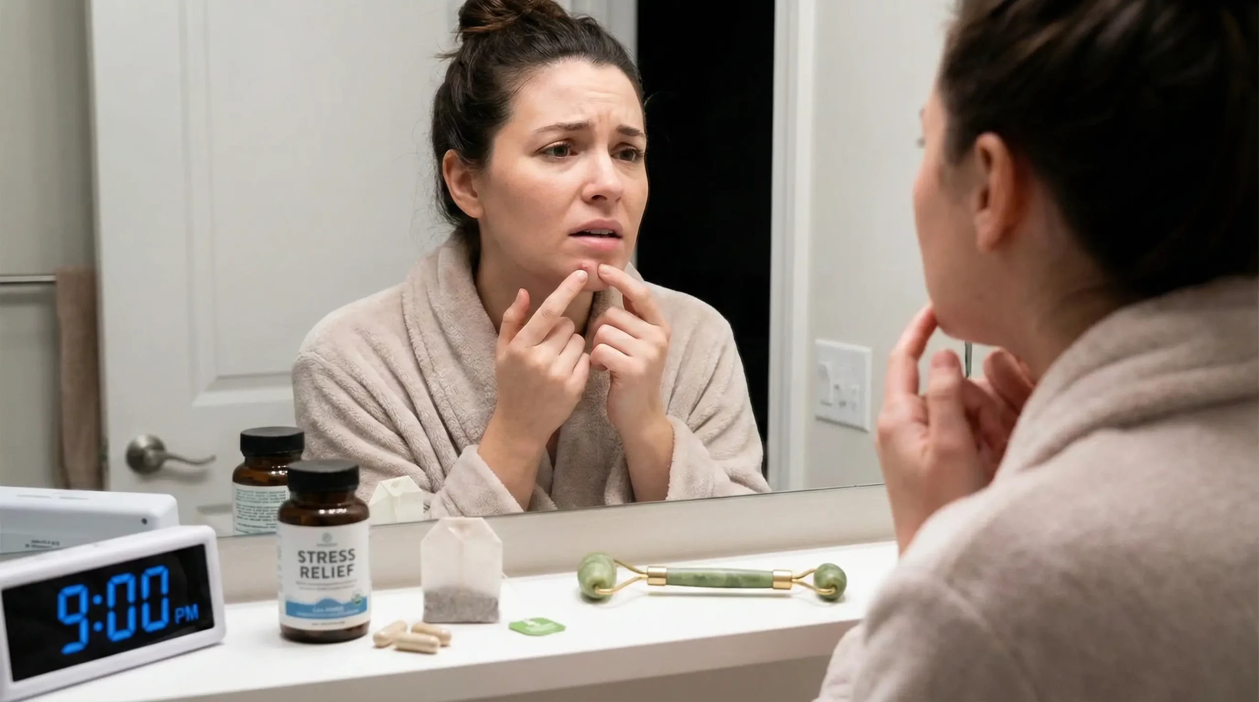 A stressed woman examines a chin acne breakout in a bathroom mirror at night, with stress relief supplements and a jade roller on the counter