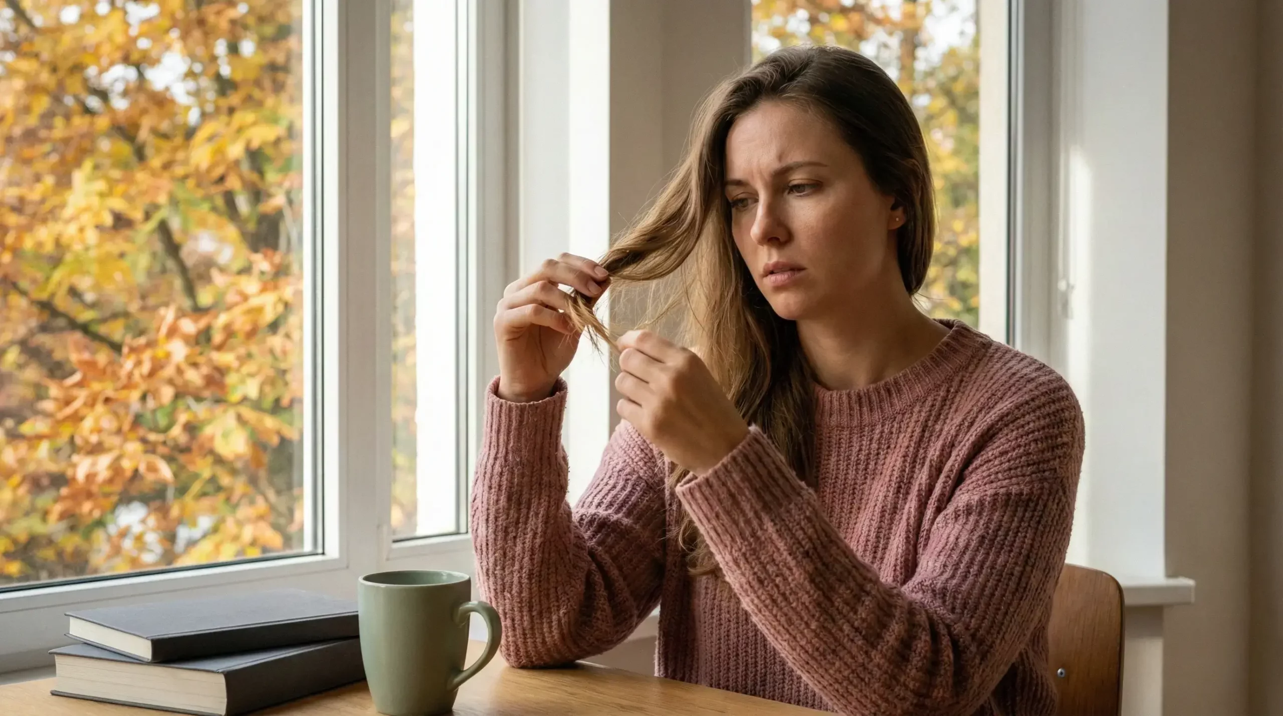 A gorgeous woman with a concerned expression examining her hair ends by a window, illustrating the effects of summer damage and autumn hair thinning