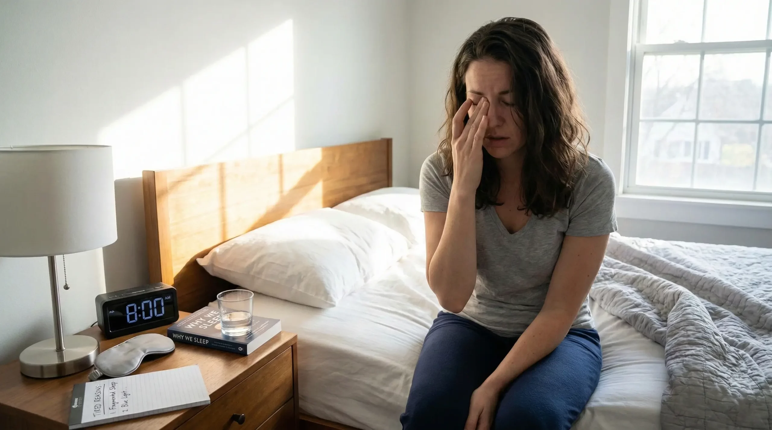 A tired woman sitting on the edge of her bed rubbing her eyes in the bright morning light, with an alarm clock reading 8:00 AM and a book titled "Why We Sleep" on the nightstand.