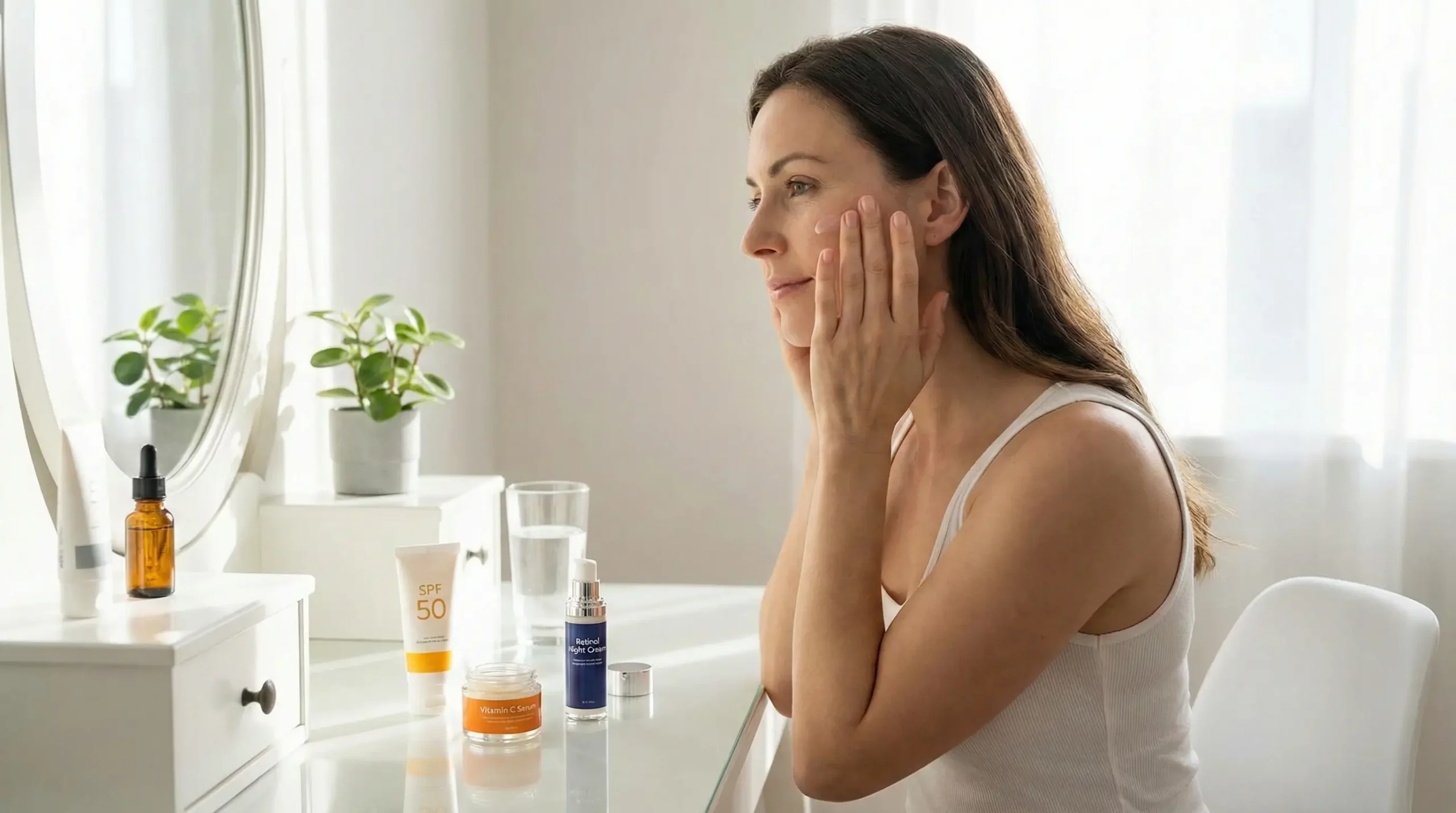 A woman in her late 30s applies an anti-aging serum to her face as part of a skincare routine at a bright vanity, with products including SPF 50 and retinol cream visible.