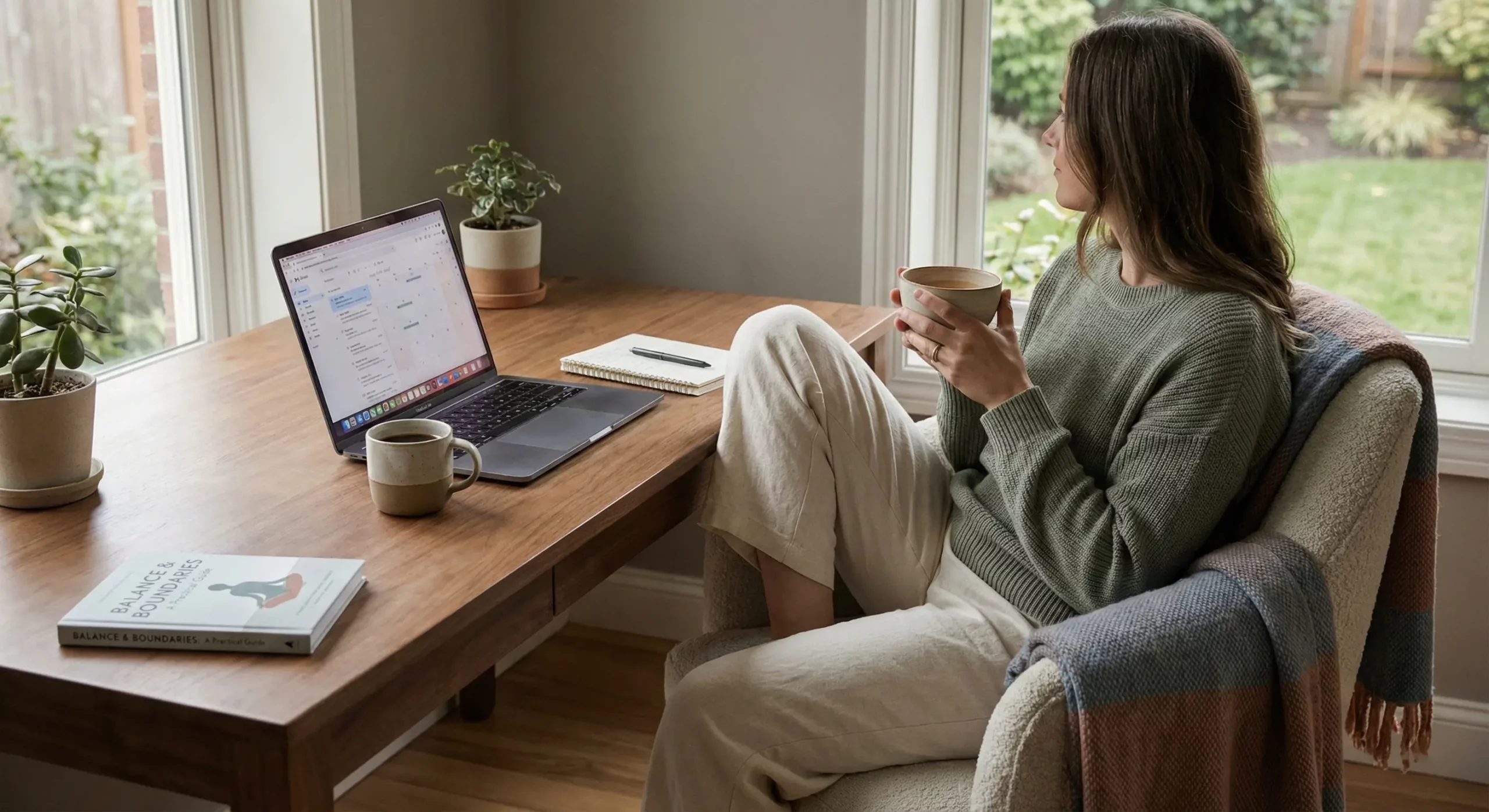 Woman in sage green sweater taking a mindful break from her laptop to avoid burnout and prioritize mental health.