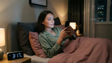 woman awake at night, checking her smartphone in bed at 3:17 AM, illustrating the struggle between night waking and insomnia