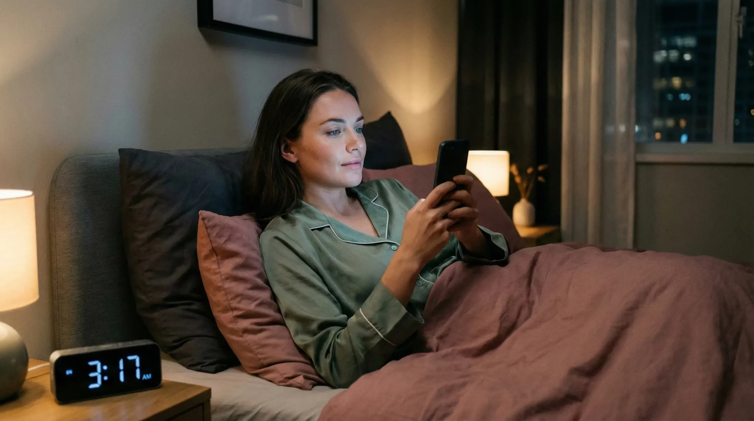 woman awake at night, checking her smartphone in bed at 3:17 AM, illustrating the struggle between night waking and insomnia