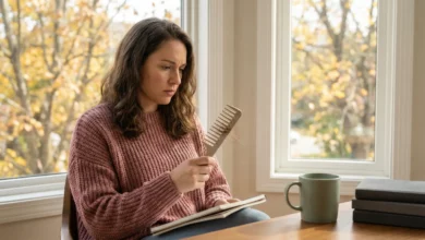 A gorgeous woman concerned about fall hair loss, examining hair strands in a comb next to a checklist notebook by a window with autumn foliage.