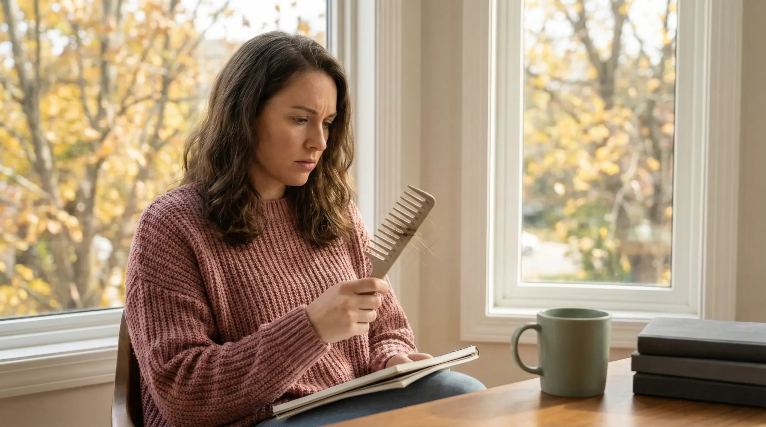 A gorgeous woman concerned about fall hair loss, examining hair strands in a comb next to a checklist notebook by a window with autumn foliage.