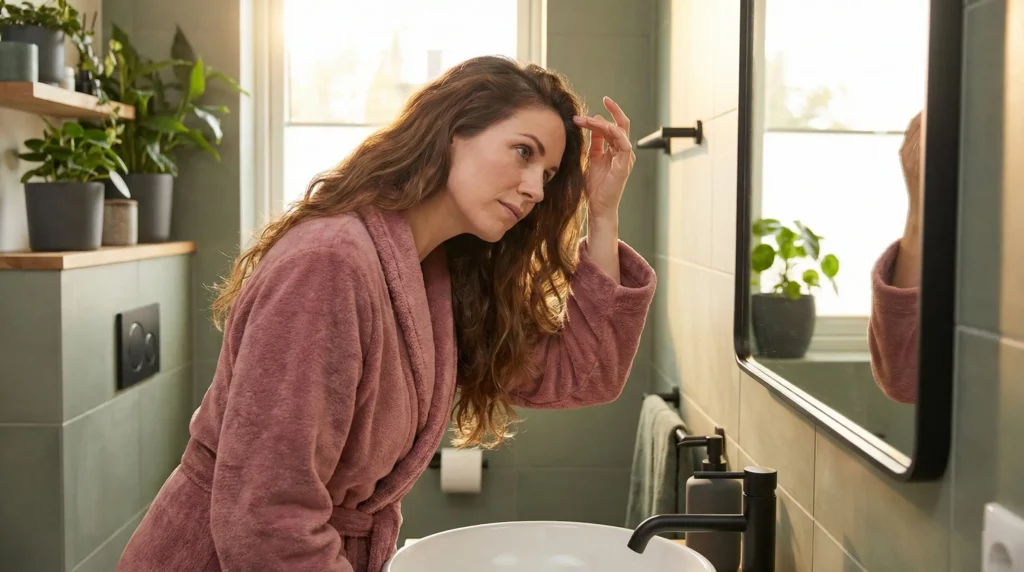 A woman inspecting her scalp and hair roots in a vanity mirror