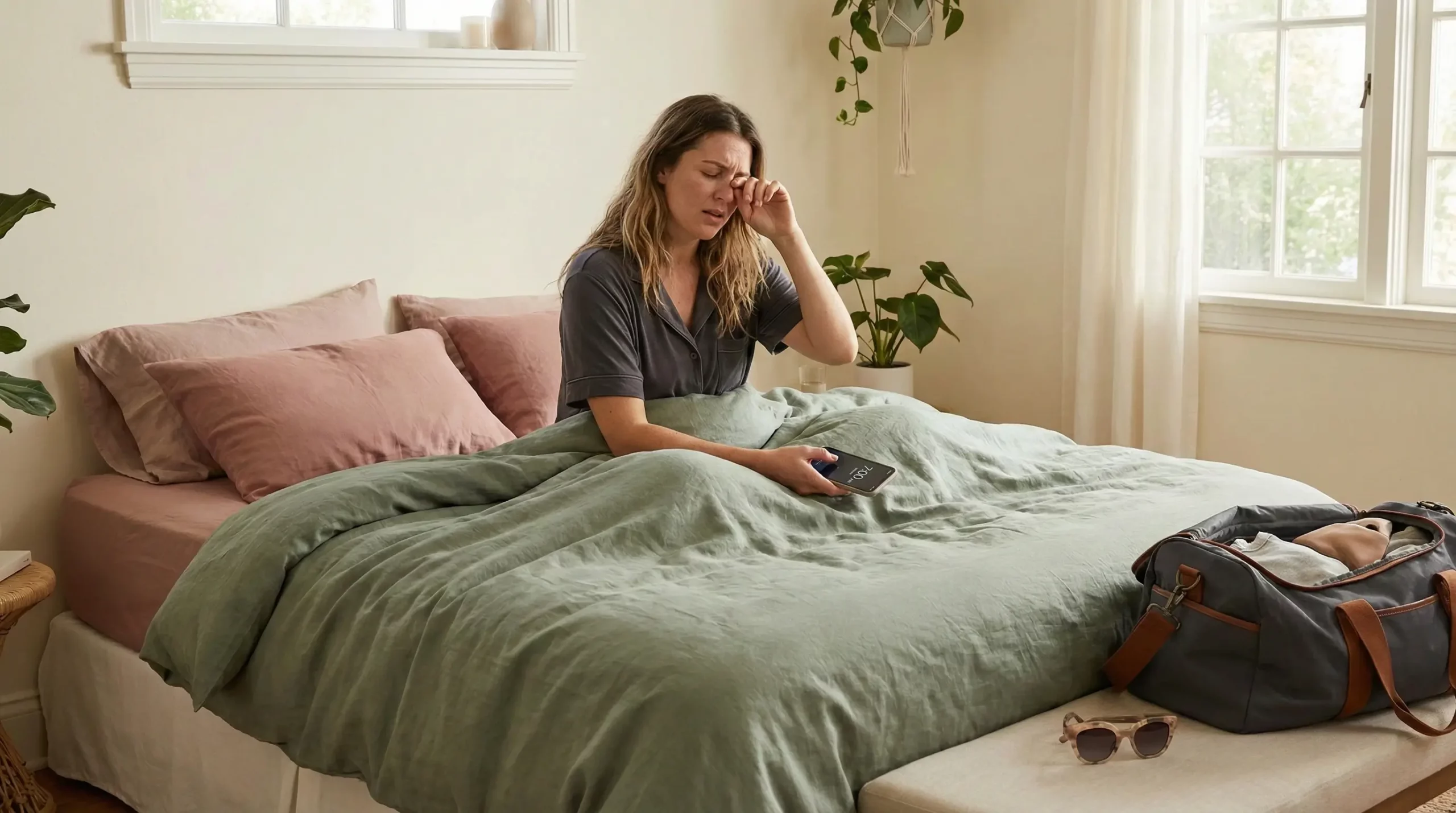 A gorgeous woman with a groggy expression sitting in bed with sage green linen bedding, holding her phone on a Monday morning, illustrating the effects of weekend sleep jet lag.