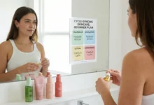 A woman in a bathroom consulting a "Cycle-Syncing Skincare: Beginner Plan" chart attached to the mirror, holding a dropper bottle of serum next to other color-coded skincare products.