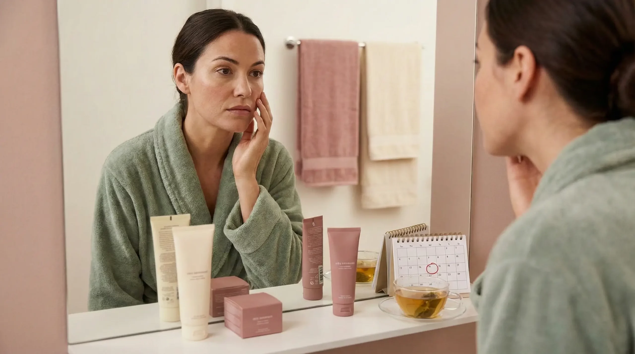 A woman in a sage green robe examining her dry, dull skin in a bathroom mirror, with skincare products and a calendar marked for her period week on the counter, illustrating a hormonal skincare routine.