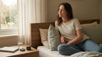 A woman sitting on a bed in a calm, naturally lit room, looking out a window. A jar of night cream and a glass of water are on the wooden bedside table, illustrating a holistic approach to anti-aging through sleep and skincare.