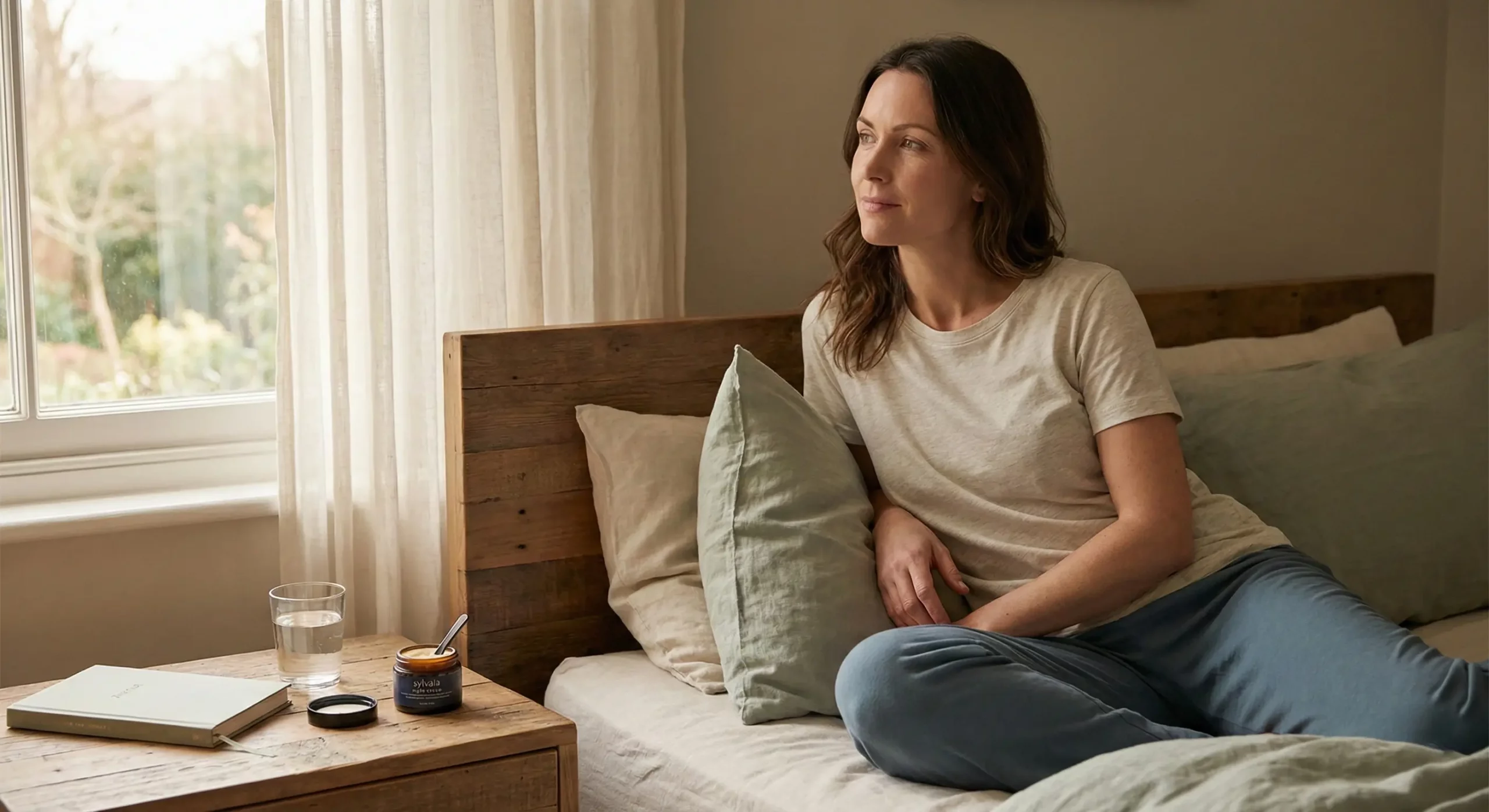 A woman sitting on a bed in a calm, naturally lit room, looking out a window. A jar of night cream and a glass of water are on the wooden bedside table, illustrating a holistic approach to anti-aging through sleep and skincare.