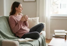 A woman in a dusty rose sweater and sage green blanket relaxing on a couch with a mug, practicing a luteal phase wellness routine
