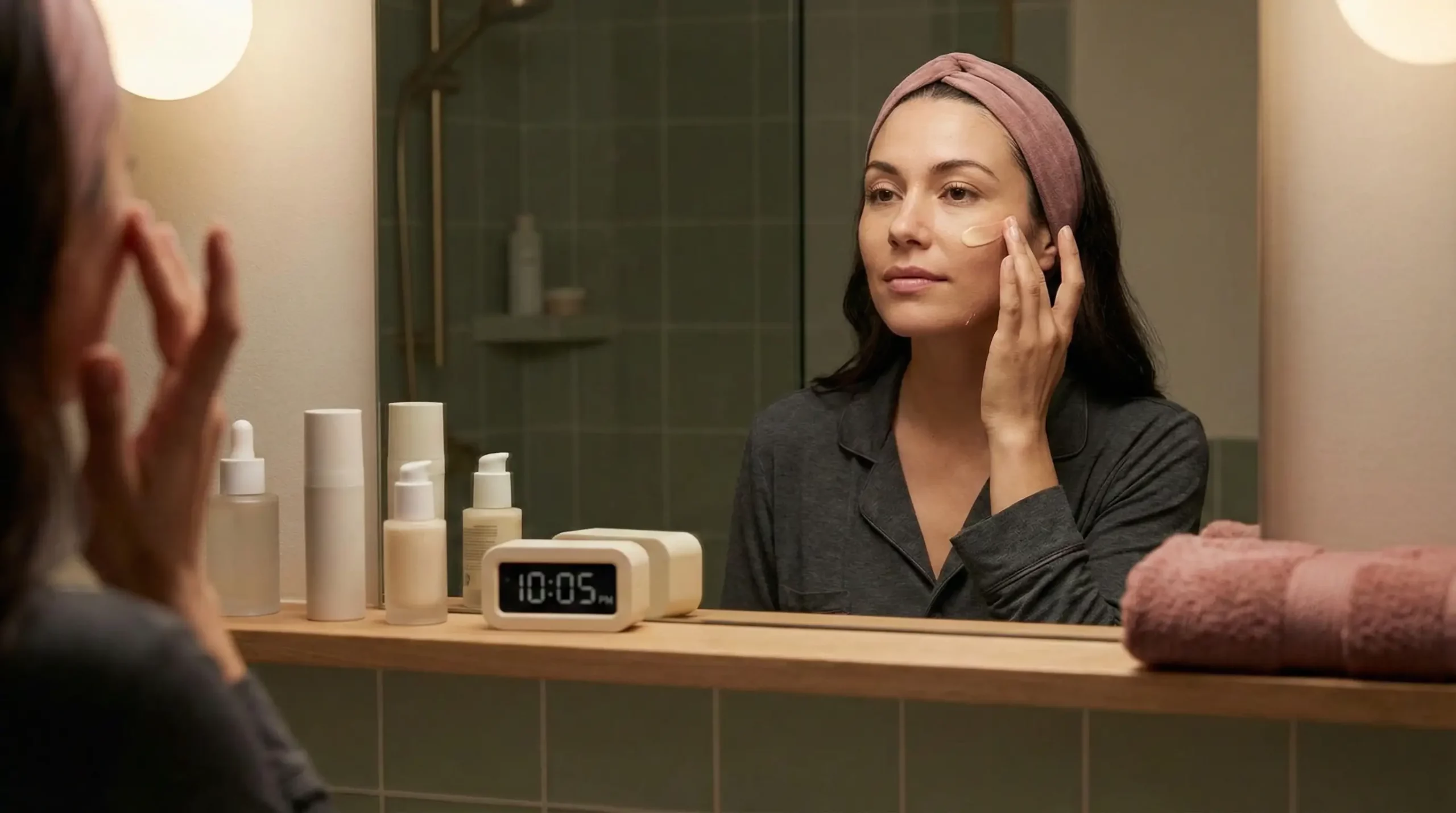 A gorgeous woman with a dusty rose headband applying a spot treatment skincare product to her cheek in a bathroom mirror at 10:05 PM, illustrating a night routine strategy for adult acne.