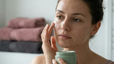 A gorgeous woman applying a soothing cream to treat adult acne while protecting her skin barrier