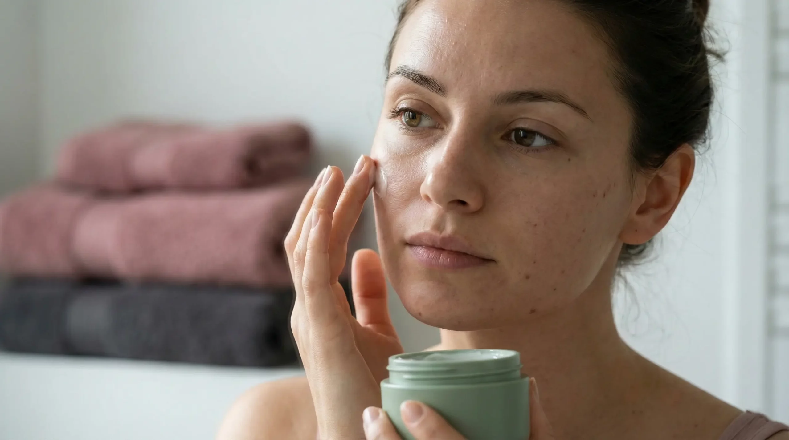 A gorgeous woman applying a soothing cream to treat adult acne while protecting her skin barrier