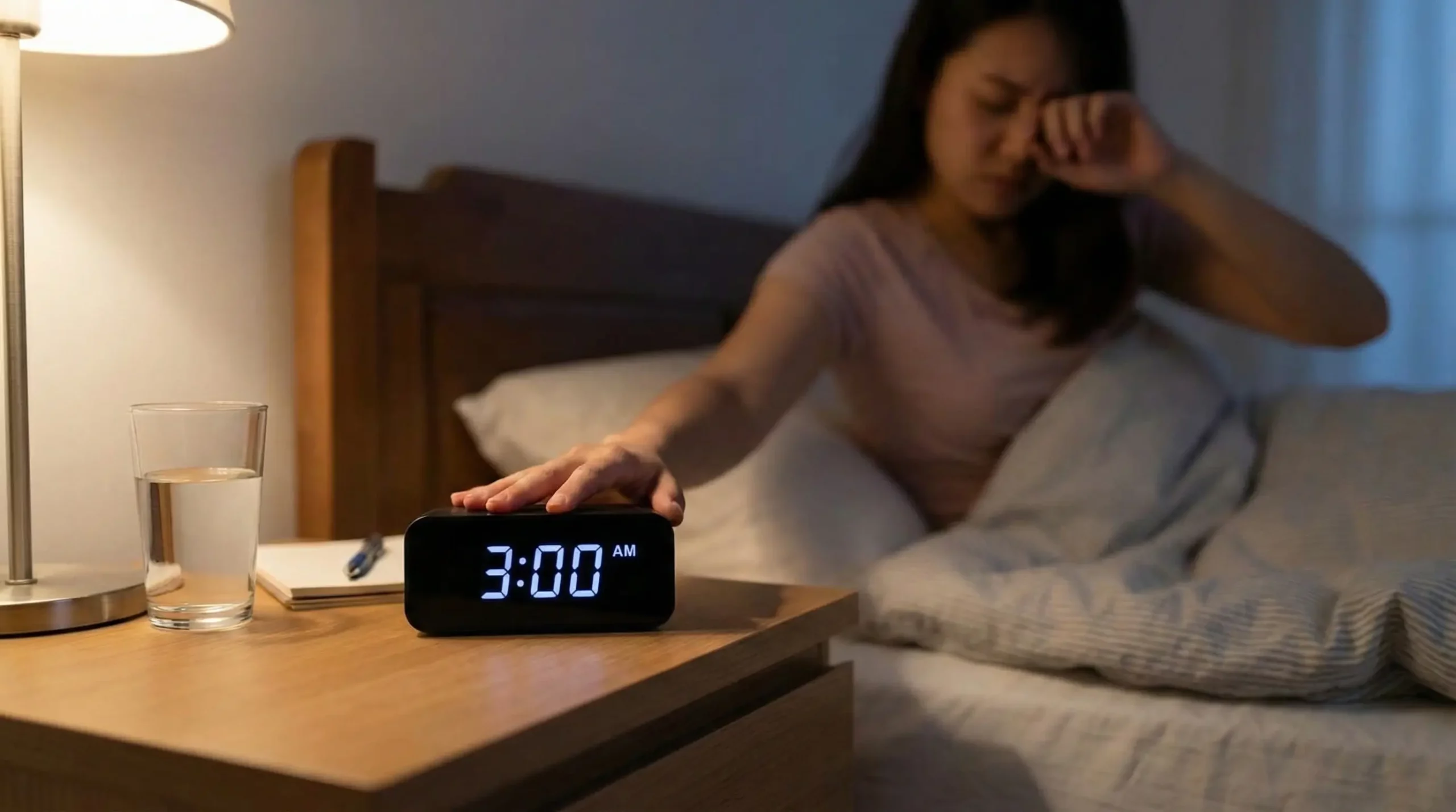 A gorgeous woman waking up at 3:00 AM in a cozy bedroom, reaching for a digital clock on her nightstand, illustrating insomnia and the need for a sleep rescue plan
