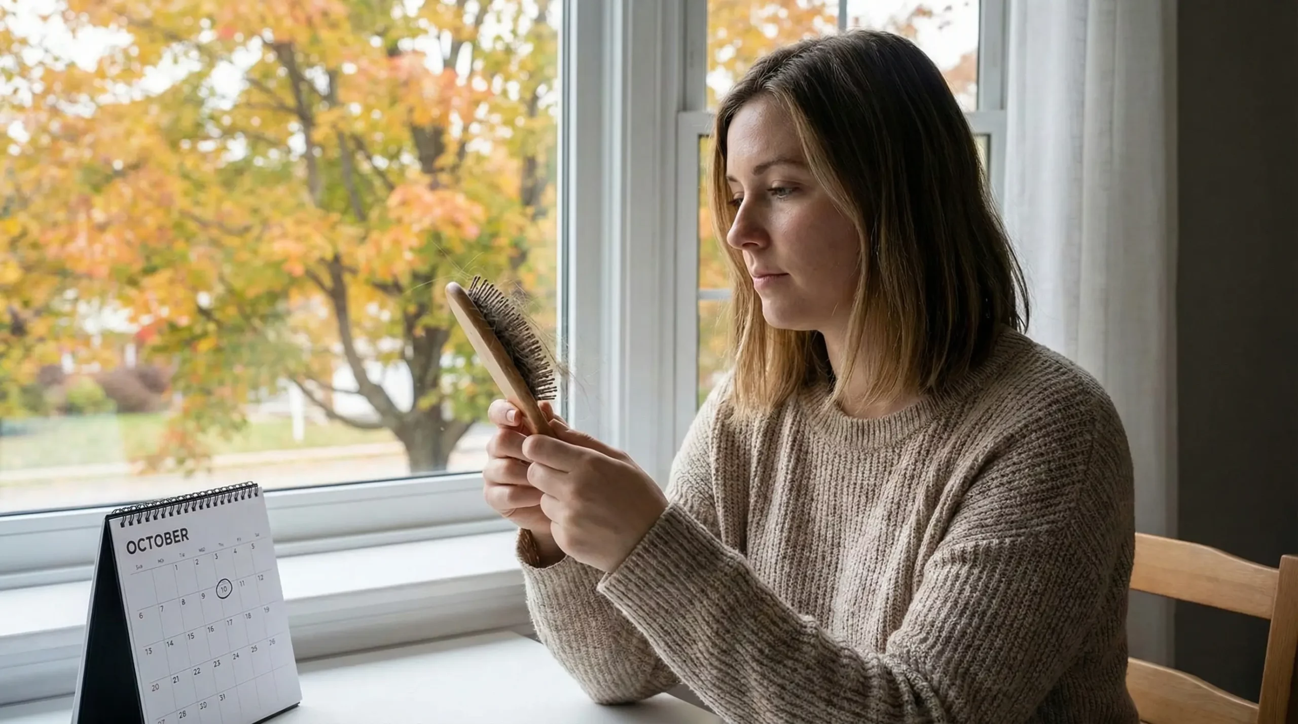 A woman looking at significant hair shedding in her brush next to a window with autumn foliage and an October calendar, illustrating seasonal hair loss