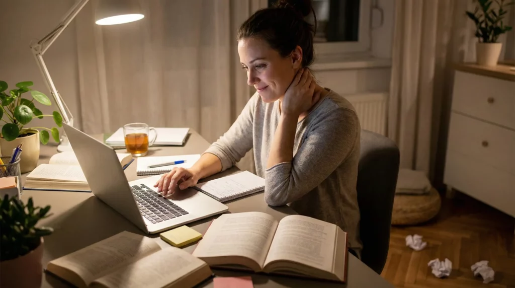 A candid shot of a determined woman working late at night in a softly lit home office, surrounded by books and a laptop. She is touching her neck, showing signs of physical strain despite being productively engaged, illustrating the fine line between eustress and distress.