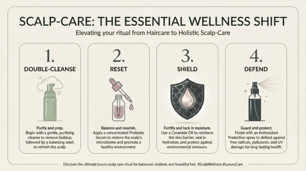 An infographic outlining the 4-step professional scalp skincare routine for 2026 including probiotics and antioxidants.