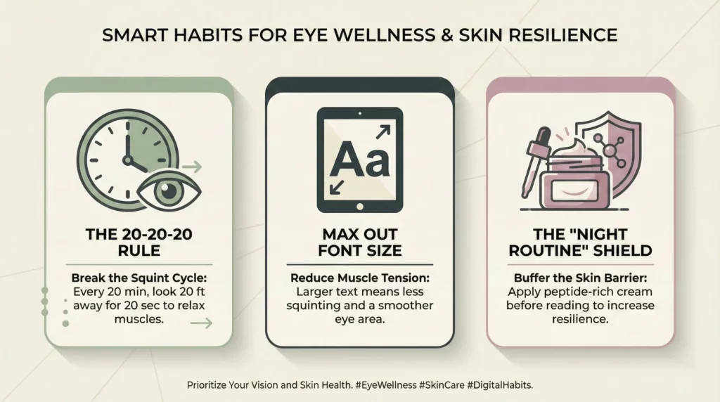 An infographic outlining three key strategies to protect eye skin during digital reading: the 20-20-20 rule, increasing font size, and using a protective eye cream.