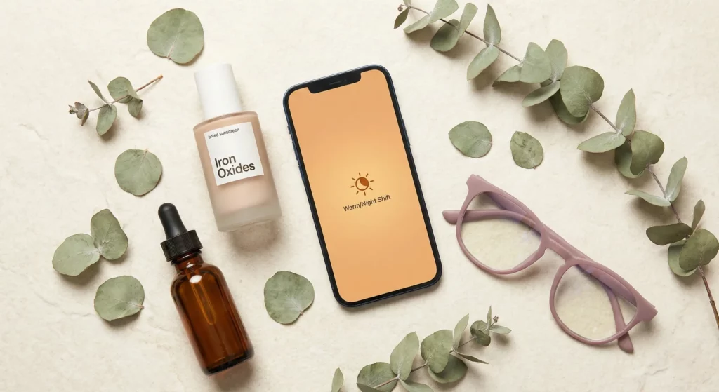A collection of blue-light-blocking skincare products including tinted sunscreen and antioxidants.