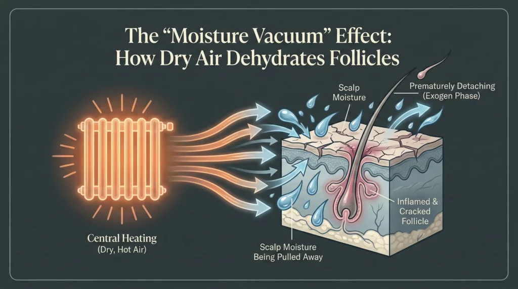 Scientific diagram illustrating how central heating acts like a vacuum, pulling moisture from the scalp and causing premature hair shedding.