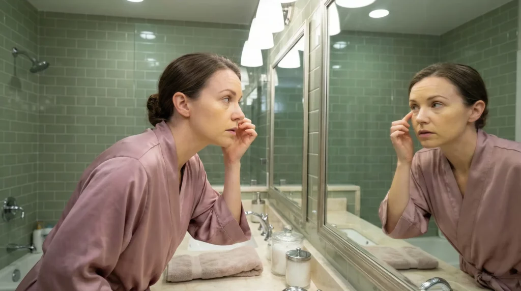 Clara observing signs of oxidative stress and sallow skin caused by sleep deprivation.