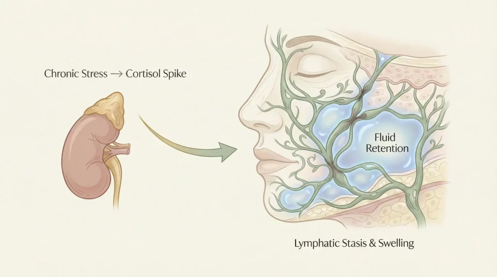 Biological diagram showing how chronic stress and high cortisol lead to lymphatic stasis and facial fluid retention.