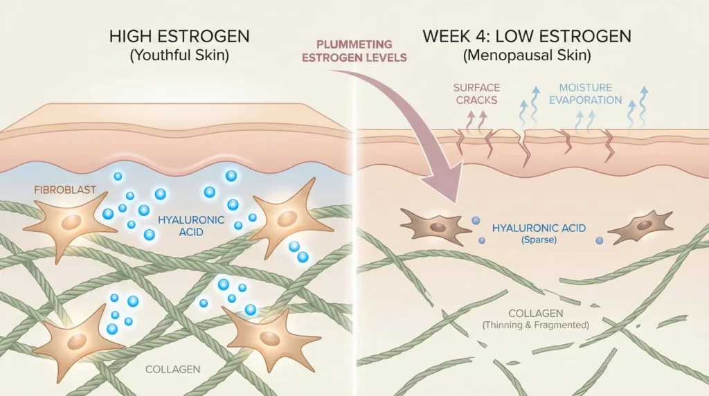 A scientific diagram showing how the drop in estrogen during Week 4 leads to a decline in natural hyaluronic acid and skin hydration.