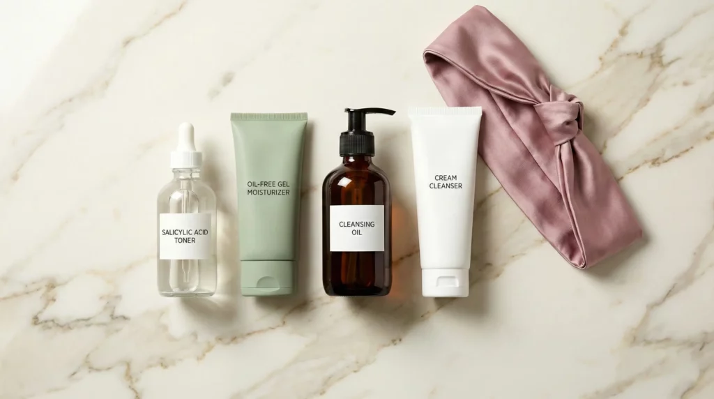 A cycle-syncing skincare routine flatlay featuring Salicylic Acid and double cleansing for oily skin.