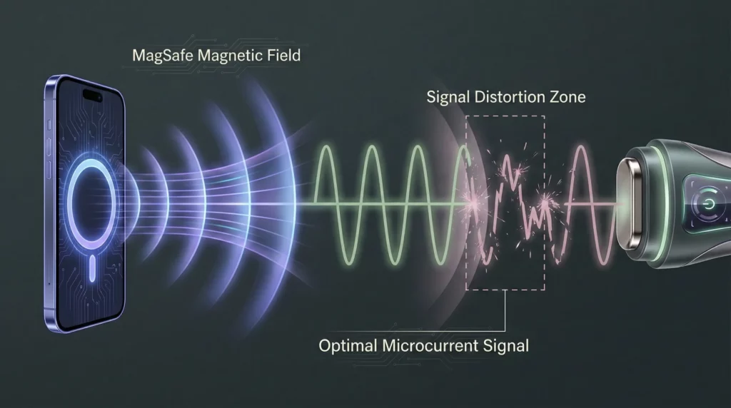 Scientific diagram illustrating how a MagSafe charger's magnetic field distorts the signal of a microcurrent beauty device.