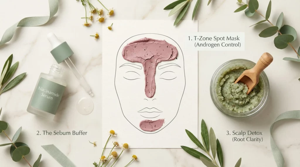 An infographic flatlay showing the three key products for managing mid-cycle oiliness: clay mask, niacinamide serum, and scalp scrub.