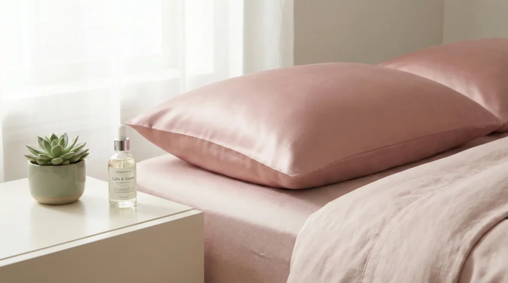 Nighttime scalp relief ritual featuring a silk pillowcase and hydrating serum