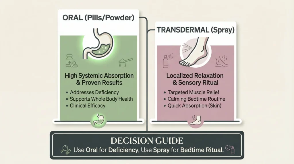An infographic comparing the absorption efficiency and primary benefits of oral magnesium versus transdermal sprays.