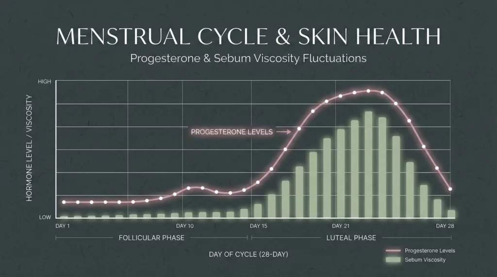 A hormonal chart showing the correlation between rising progesterone and sebum thickness in week 3.