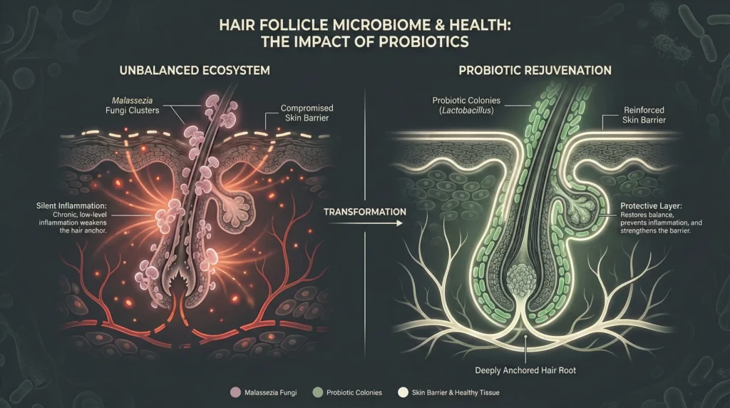 A scientific diagram showing how probiotics balance the scalp microbiome to reduce inflammation and strengthen the hair follicle anchor.