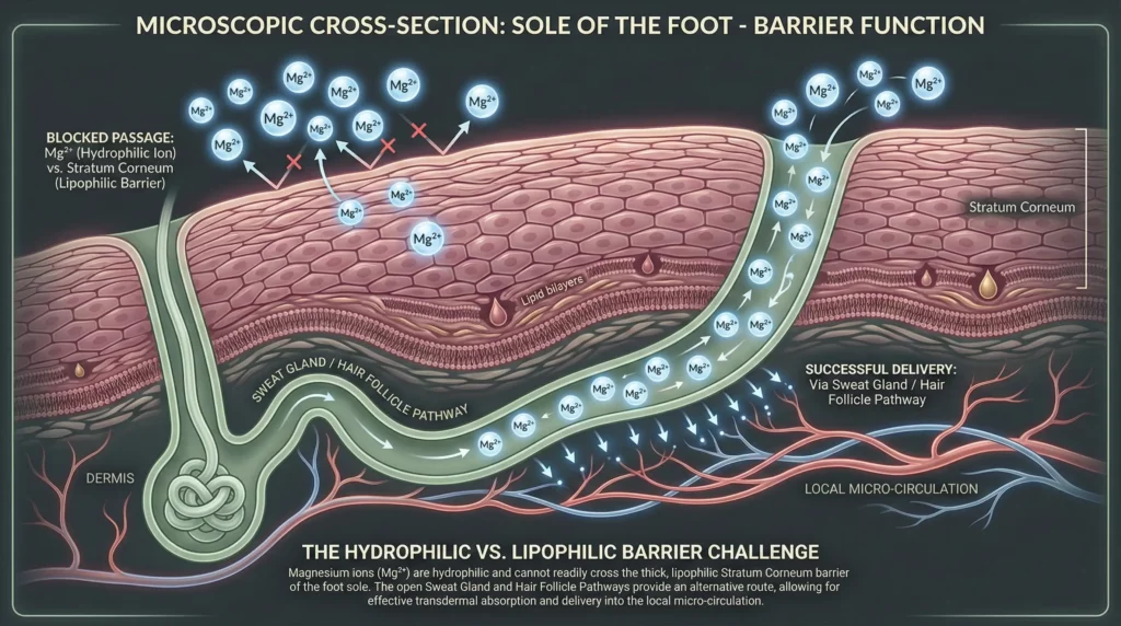 Scientific diagram showing magnesium ions bypass the skin barrier through sweat glands and hair follicles on the feet.