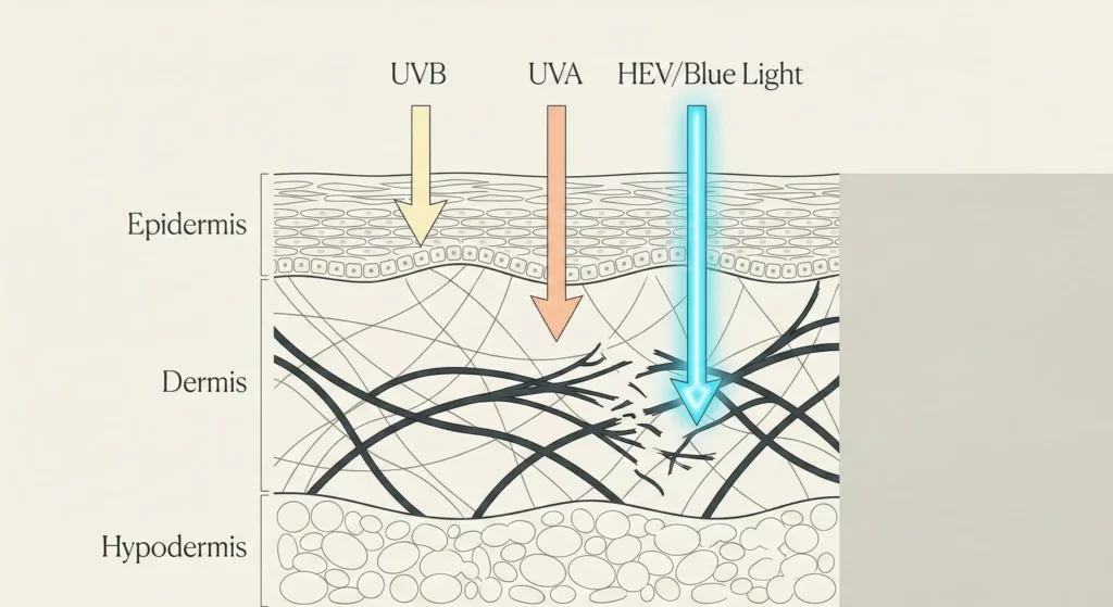 Diagram showing how HEV blue light penetrates deeper into the skin dermis than UV rays.
