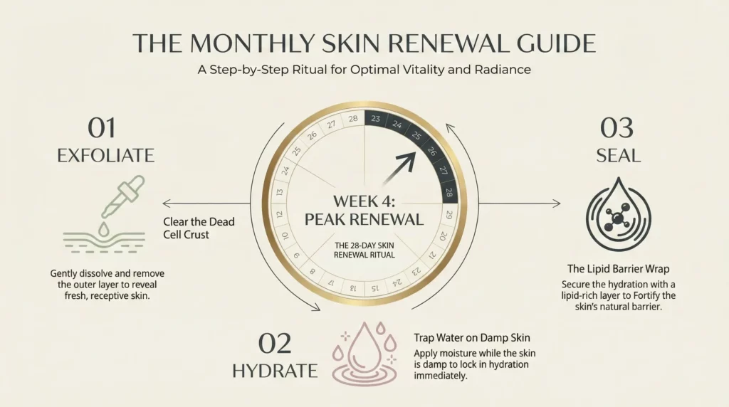 An infographic outlining the 3-step moisture rescue strategy for the late luteal phase of the menstrual cycle.