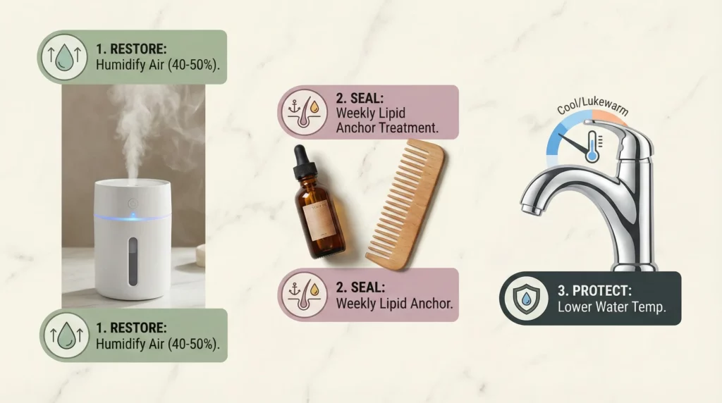 An infographic flatlay showing the three key tools for preventing winter hair shedding: a humidifier, scalp oil, and lukewarm water.