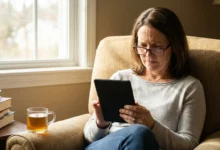 A woman squinting while reading on an e-reader in a living room, illustrating eye strain that leads to crow's feet and fine lines around the eyes.