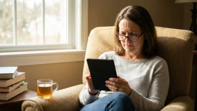 A woman squinting while reading on an e-reader in a living room, illustrating eye strain that leads to crow's feet and fine lines around the eyes.