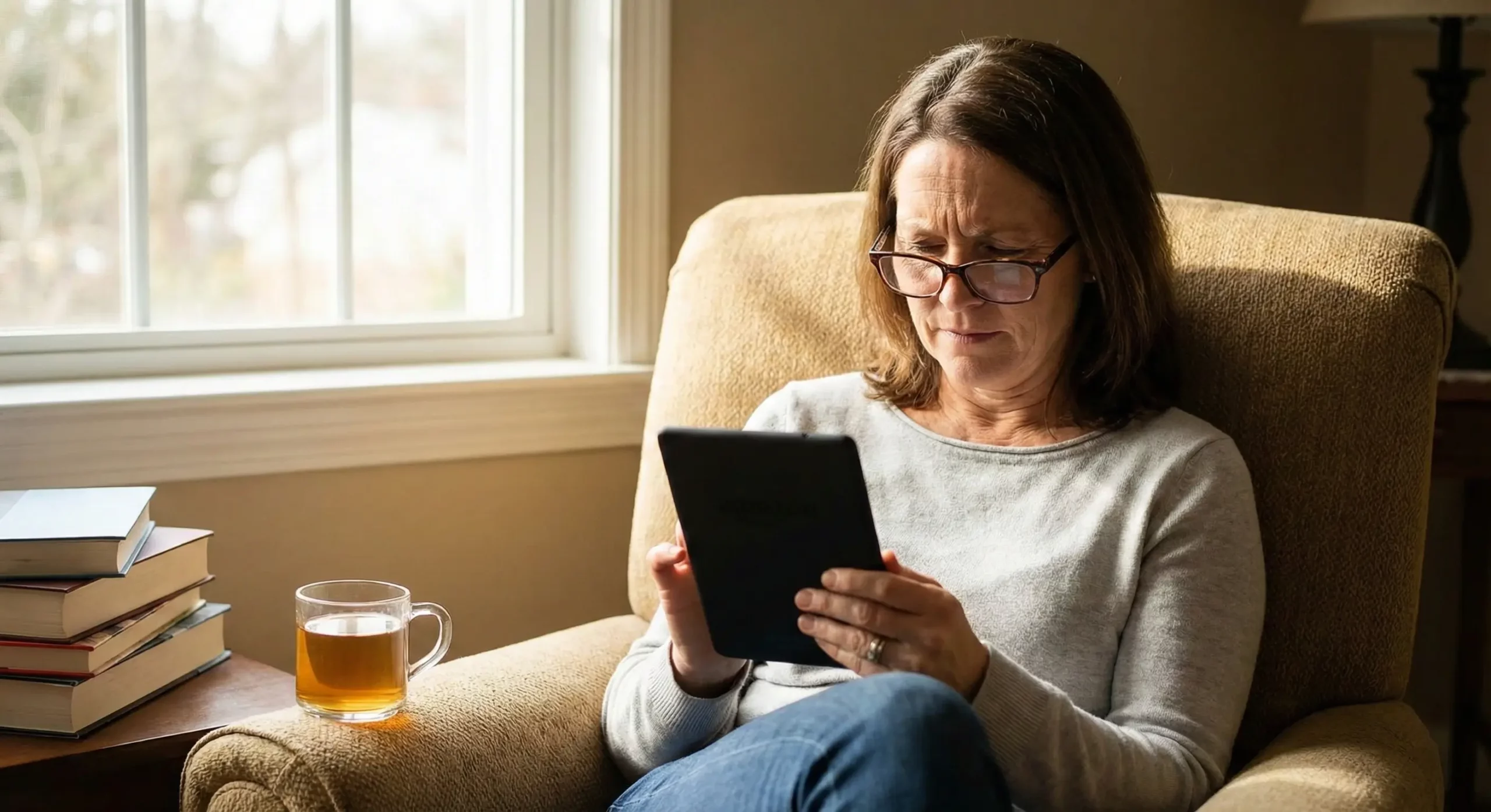 A woman squinting while reading on an e-reader in a living room, illustrating eye strain that leads to crow's feet and fine lines around the eyes.