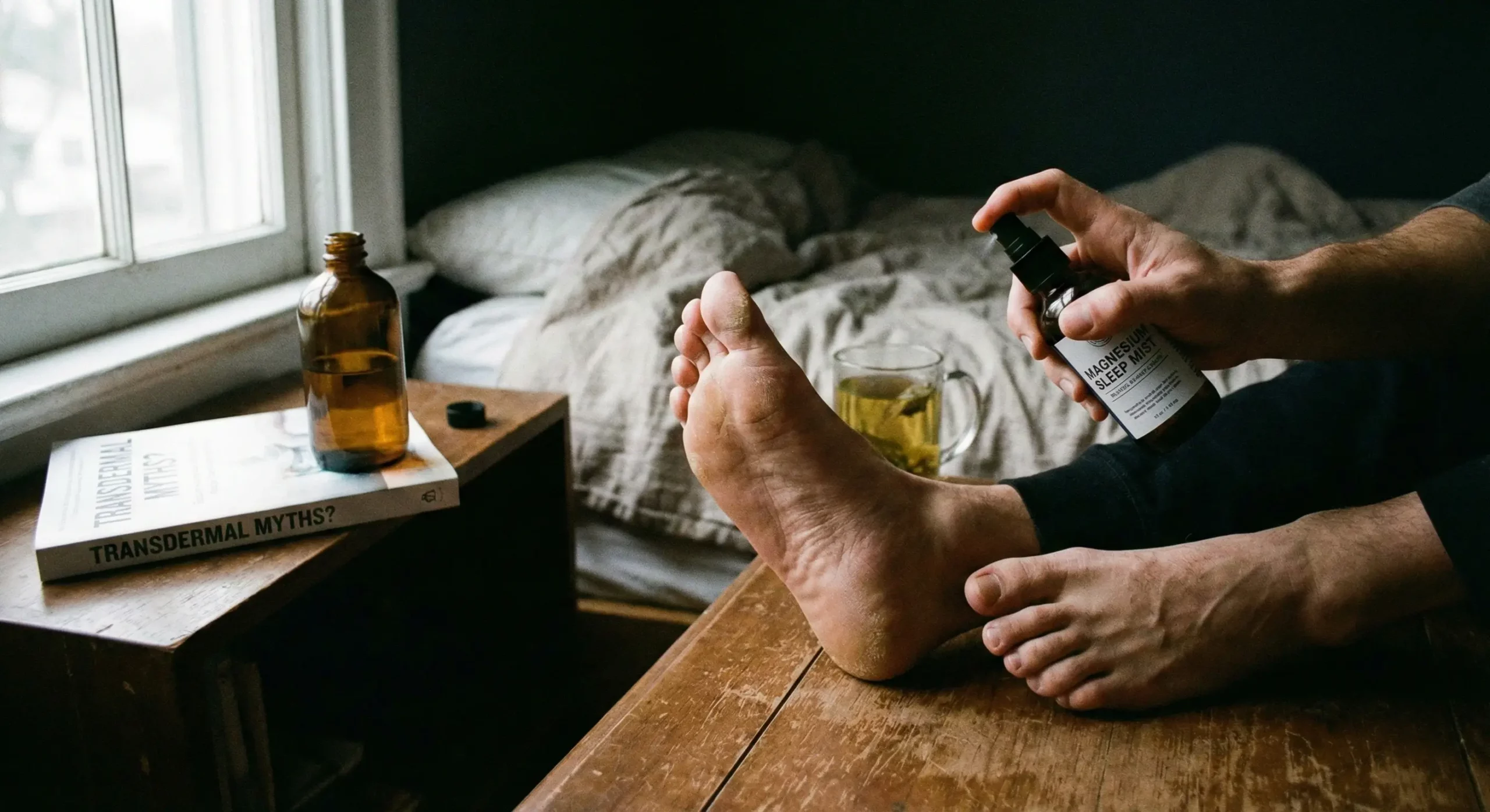 A candid photograph of a person spraying a bottle labeled "MAGNESIUM SLEEP MIST" onto the soles of their feet in a bedroom. A book titled "TRANSDERMAL MYTHS?" is visible on the bedside table, highlighting the debate about magnesium absorption through the skin.