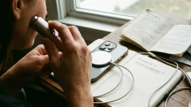 A candid photograph of a person using a microcurrent facial device on their cheek, positioned next to an iPhone charging with a MagSafe puck. A notebook on the desk has handwritten notes reading "MAGNETS + MICROCURRENT?", illustrating the potential interference between magnetic chargers and beauty tech tools.