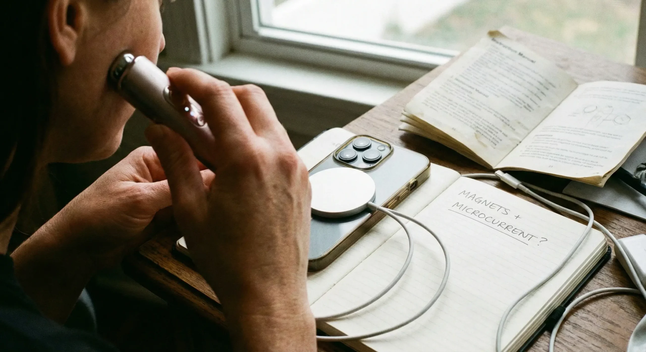 A candid photograph of a person using a microcurrent facial device on their cheek, positioned next to an iPhone charging with a MagSafe puck. A notebook on the desk has handwritten notes reading "MAGNETS + MICROCURRENT?", illustrating the potential interference between magnetic chargers and beauty tech tools.
