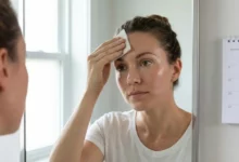 A candid photograph of a woman with a glowing but oily complexion looking in a mirror and dabbing her forehead with a blotting paper. A calendar marked "Ovulation" is visible in the background, illustrating the mid-cycle androgen surge and its effect on skin.