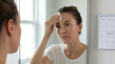 A candid photograph of a woman with a glowing but oily complexion looking in a mirror and dabbing her forehead with a blotting paper. A calendar marked "Ovulation" is visible in the background, illustrating the mid-cycle androgen surge and its effect on skin.