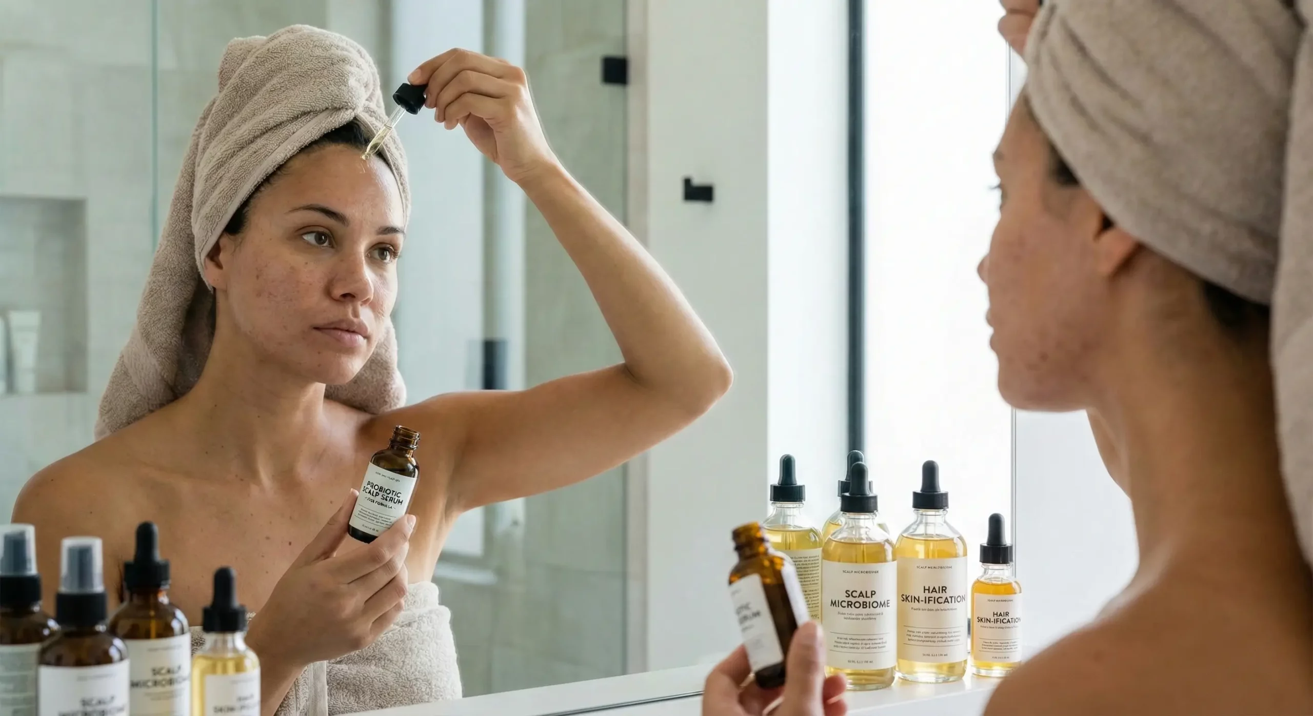 A candid photograph of a woman with a towel on her head applying a probiotic serum. Several bottles labeled "Scalp Microbiome" and "Hair Skin-ification" are on the bathroom counter, illustrating the 2026 beauty trend of treating the scalp with skincare-grade ingredients.